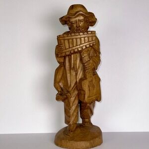 Vintage Folk Art Carved 11.5" Traveling Musician Pan Flute Guitar Wood Sculpture